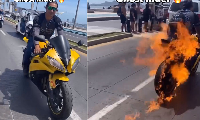  While Going On The Road, The Fire Suddenly Burst From The Bike In The End, Moto-TeluguStop.com