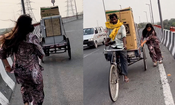  Viral Video Woman Helps Struggling Rickshaw Puller Details, Viral Video, Viral N-TeluguStop.com