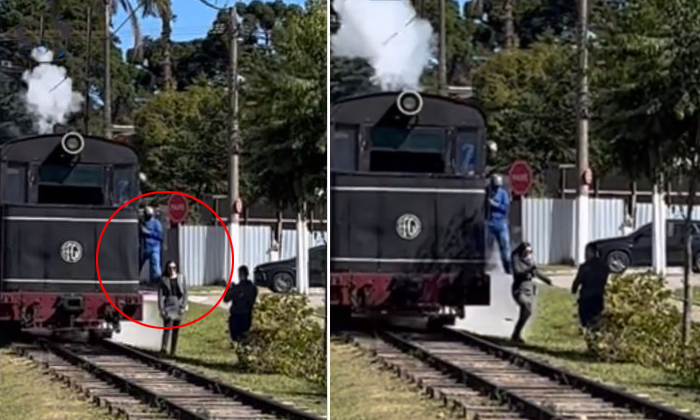  Loco Pilot Kicks Woman Posing For Photo Near The Tracks Out Of Moving Train Vira-TeluguStop.com