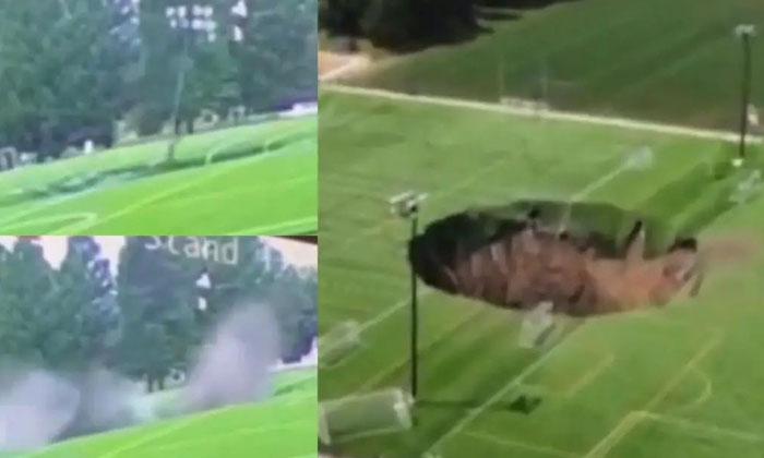  The Sinkhole That Swallowed The Football Field The Video Is Viral, Soccer Field,-TeluguStop.com