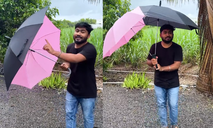 Man Devises Special Couple Umbrella For Lovers Video Viral Details, Monsoon, Umb-TeluguStop.com