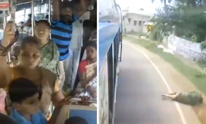 The Video Of A Woman Who Fell Down After A Speeding Bus Took A Sharp Turn Went V-TeluguStop.com
