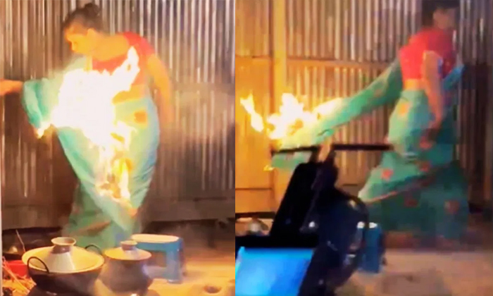  Viral Video Woman Saree Catches Fire While Doing Reel Details, Social Media, Vir-TeluguStop.com