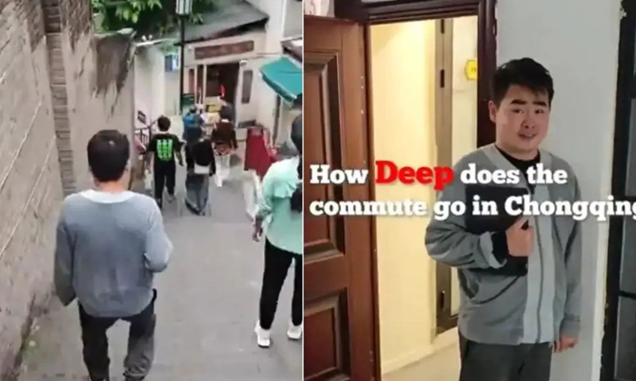  Man Shows How Far Down He Has To Go To Get To Work In Chongqing China Video Vira-TeluguStop.com