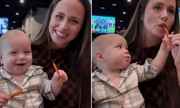  The Cute Video Of The Kid Stealing Mom's Fries Has Gone Viral, Baby Stealing Foo-TeluguStop.com