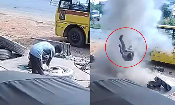  Tyre Burst Throws Mechanic In Air In Karnataka Udupi Video Viral Details, Kundap-TeluguStop.com