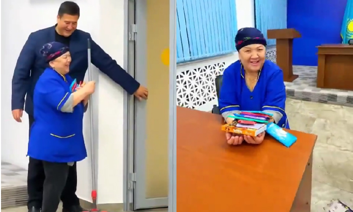  Viral Video Teacher Students Surprise Sweeper With Chocolates On Christmas Detai-TeluguStop.com