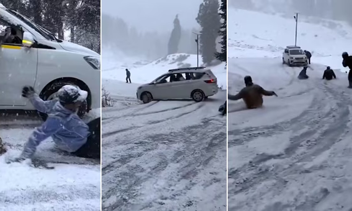  Viral Video Car Spinning Out Of Control Amid Heavy Snowfall In Kashmir Gulmarg D-TeluguStop.com