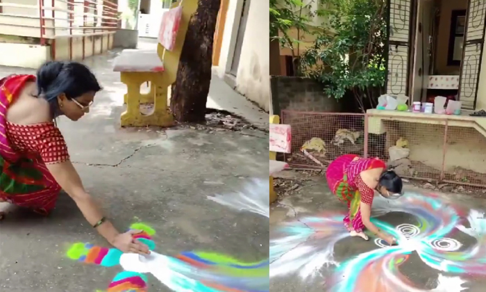  Woman Beautiful Rangoli With Amazing Trick Video Viral Details, Woman Trick, Bea-TeluguStop.com