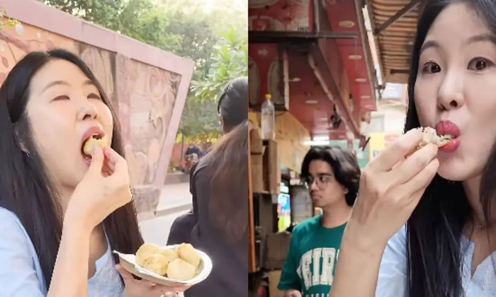  Korean Beauty Gives A Thumbs Up To Our Pani Puri.. Video Goes Viral!, Korean Wom-TeluguStop.com